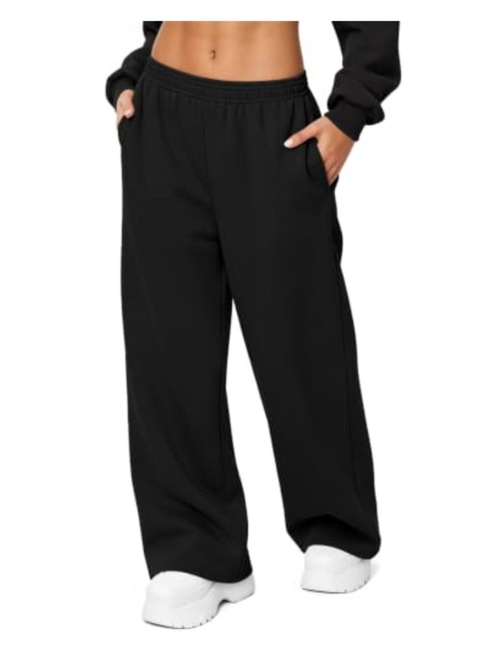 Womens Fleece Lined Wide Leg Sweatpants Mid Rise Drawstring Joggers Pockets